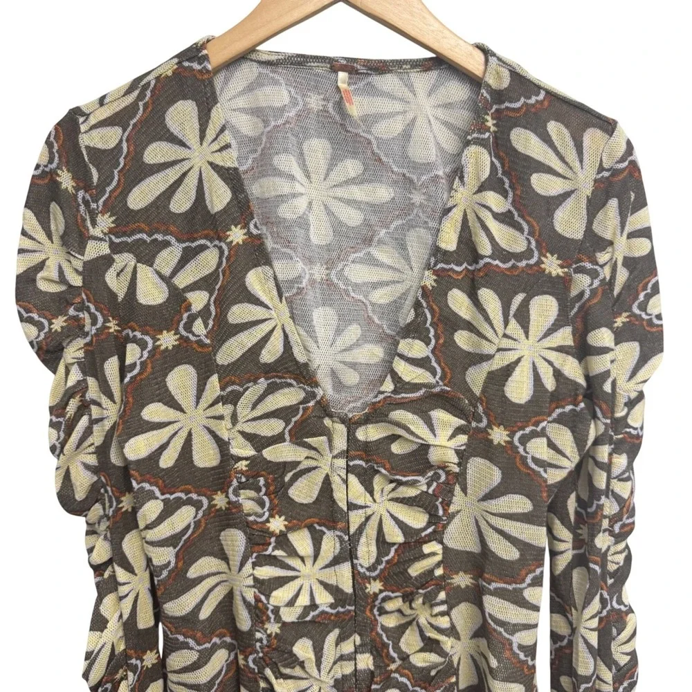 Free People Top Medium Floral Print‎ Mesh Top Bell Sleeves BOHO hippie
